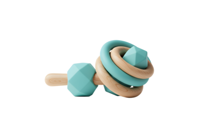 BABY TOYS - Wooden baby teething toy with geometric beads and rings, natural safe infant rattle on white background, perfect for sensory development
