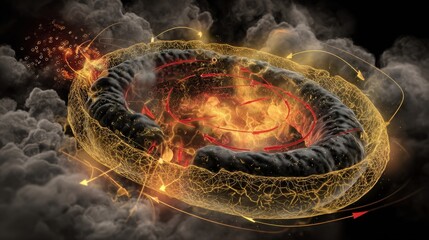 The protective effects of lithium in a neuron's mitochondria. A healthy, robust mitochondrion is surrounded by lithium ions (as a golden aura). 