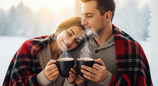 Loving couple wrapped in a blanket, drinking hot beverages and looking at snowy landscape, expressing warmth and coziness.