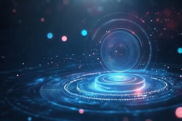 Futuristic Blue Data Platform with Glowing Particles and Holographic Elements for Technology Innovation