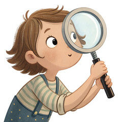 Child holding magnifying glass isolated on transparent background