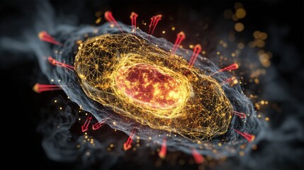 The protective effects of lithium in a neuron's mitochondria. A healthy, robust mitochondrion is surrounded by lithium ions (as a golden aura). 