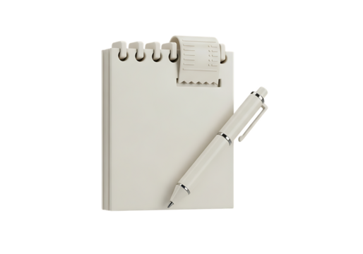 3d illustration of a blank notepad with a pen and a receipt attached, isolated on transparent background on transparent background