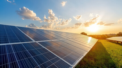Solar panels reflecting sunlight in serene landscape, showcasing renewable energy potential
