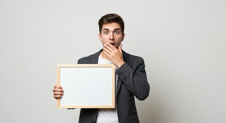 Surprised young man holding a blank white sign with a shocked expression, covering his mouth in disbelief, ready for your message or advertisement