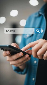 Person using smartphone to search online with a digital search bar overlay.
