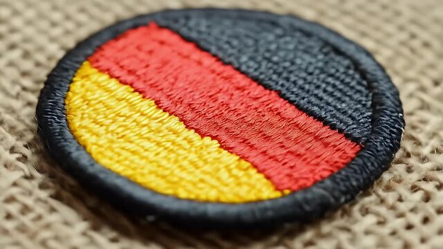 Close-up of a circular patch with three vertical bands black, red, and yellow, on a textured backdrop