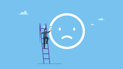 Young man painting dissatisfied face on the wall mad anger emotion. Dissatisfied, disappointment or displeased, negative customer feedback, furious rage emotion, anger or struggle, anxiety problem.