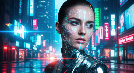 Futuristic cyborg woman with glowing digital grid overlay, gazing thoughtfully at neon city lights, concept of technological advancement.