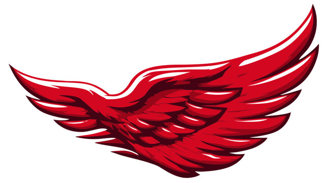 Vibrant red stylized wing illustration, a glossy vector graphic element with dynamic upward motion, perfect for design concepts.