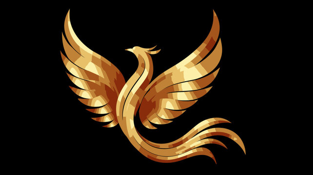 Elegant Golden Phoenix Mythical Bird Illustration Flying with Spread Wings, Symbol of Rebirth and Strength on Black Background