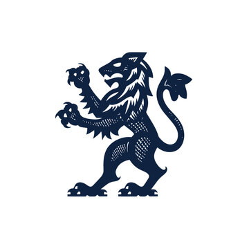 Dark blue heraldic lion rampant crest isolated on white background. Powerful vintage animal symbol design element or graphic icon.