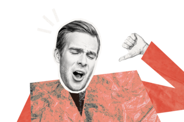 Composite photo collage of upset man show dislike gesture bullying concept problem social media judgment isolated on painted background