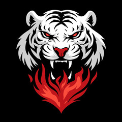 Dynamic White Tiger Head Vector Mascot Illustration with Intense Red Eyes and Fiery Flames. Powerful Wildlife Digital Art on Black.