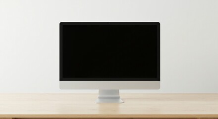 Sleek computer monitor with a blank screen on a natural wooden desk, highlighting a clean and minimalist workspace setup for modern home offices and creative design
