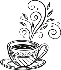 Artistic sketch of coffee cup with steam and plant elements creative beverage art isolated on transparent background
