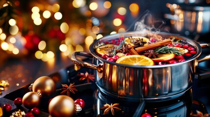 mulled wine red wine with orange slices, cinnamon sticks, cloves, and star anise is steaming