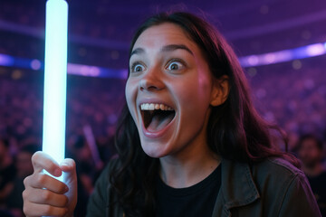Excited young woman cheering with glowing light stick at crowded concert event, energetic audience enjoying live music performance