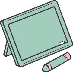 Illustration of a green drawing board with a stand and a green crayon on a white background art