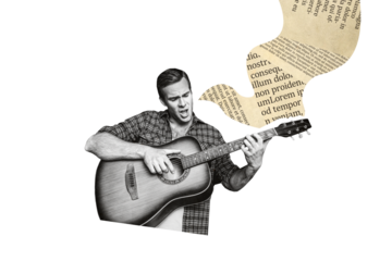 Composite photo collage of happy guy composer play acoustic guitar sing music song performance rehearsal isolated on painted background