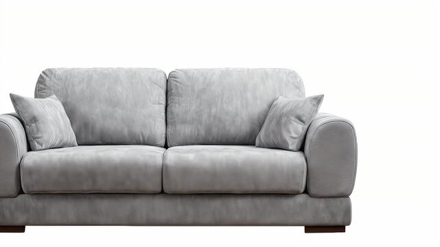 A modern, neutral-toned sofa, featuring two cushions and two pillows, isolated on a white background