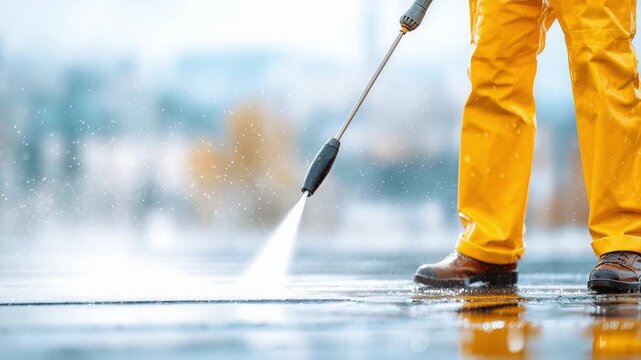 worker cleaning pavement with high pressure washer outdoors
