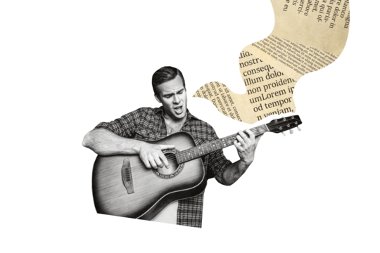 Composite photo collage of happy guy composer play acoustic guitar sing music song performance rehearsal isolated on painted background