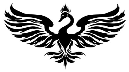 Obraz premium Stylized black phoenix bird silhouette with spread wings, mythological creature symbol, graphic illustration, isolated on white background