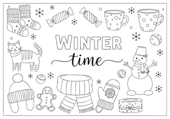 Winter time coloring page book for kids Snowman, cat, and festive winter elements illustration