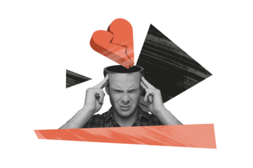 Composite trend artwork collage of beige color backdrop middle age man stress depressed headache half head open break heart love divorce