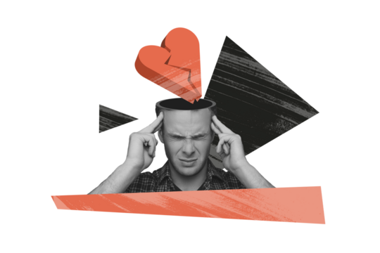 Composite trend artwork collage of beige color backdrop middle age man stress depressed headache half head open break heart love divorce