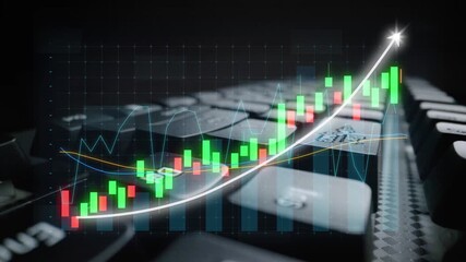 Visual representation of stock market growth featuring candlestick graphs and digital trends on a keyboard, symbolizing investment strategies and financial analysis. Copula - Powered by Adobe