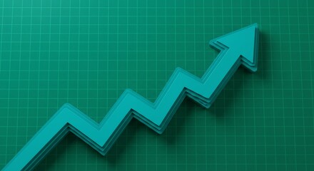 A three-dimensional green arrow graph moving upwards signifies business success, financial growth, and market improvement on a textured background