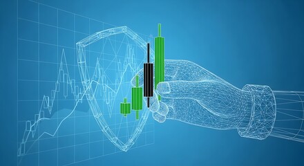 Abstract Human Hand Holding Candlestick. Stock Market and Investment Concept. Protection of Graph Chart on Technological Blue Background. Low Poly Wireframe Vector Illustration with 3D Effect.