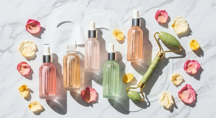 Flat lay of skincare products with rose petals, including face roller and serum bottles, showcasing beauty and relaxation.