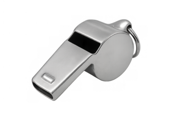 Metal whistle for sports referee or coach signaling, controlling game play on transparent background