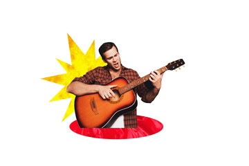 Creative collage picture young man guitarist acoustic instrument singer performance song hobby talented artist concert drawing background