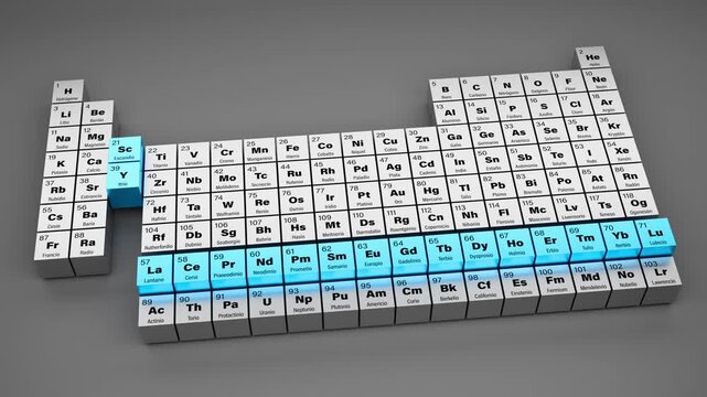 17 Rare earth elements in the periodic table of elements in Spanish with atomic number, symbol and name of all elements and blue color for rare earths. Tabla peri&oacute;dica de elementos, tierras raras