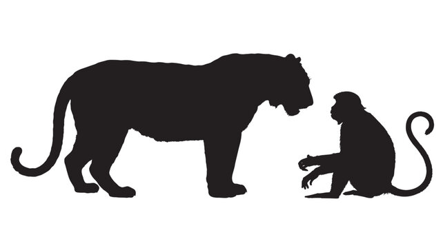 Silhouette of a tiger and monkey vector illustration of wild animals isolated on white background