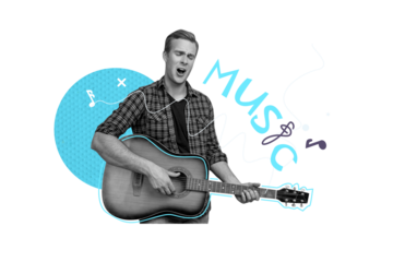 Creative trend collage of funny man listen music have fun play acoustic guitar singing musician weird freak bizarre unusual fantasy