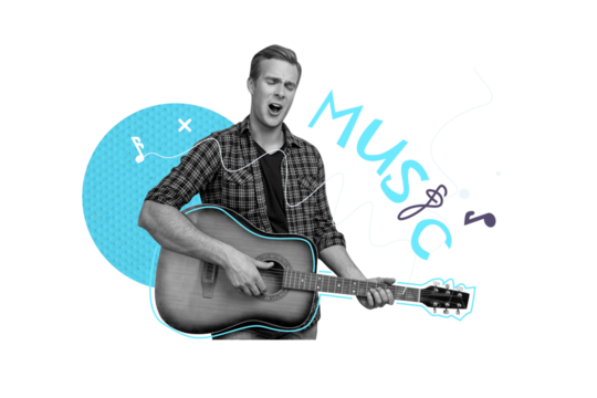 Creative trend collage of funny man listen music have fun play acoustic guitar singing musician weird freak bizarre unusual fantasy