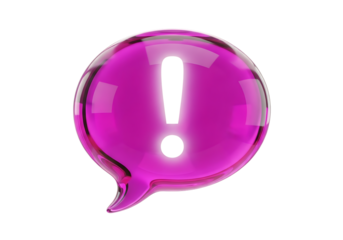 3d illustration of a bright pink glossy speech bubble with a glowing white exclamation mark inside, isolated on transparent background on transparent background