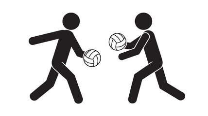 Stick figures playing volleyball simple black and white vector illustration for sports infographics isolated on white background