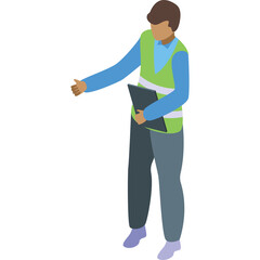 Person Wearing Safety Vest Holding Clipboard Gesturing With Hand Isolated On White Background