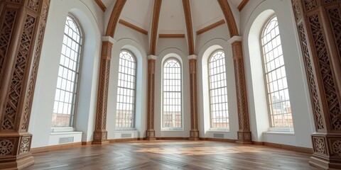 Elegant architectural interior with arched windows and ornate wooden pillars, perfect for luxury lifestyle