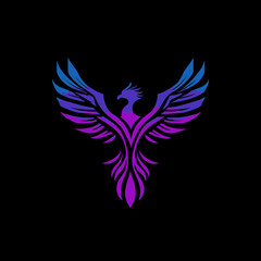 Obraz premium Vibrant Gradient Phoenix Bird Logo Illustration. Stylized Mythical Creature with Blue and Purple Wings, Representing Strength, Rebirth, and Power.