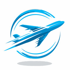 Dynamic Blue Jet Plane Icon Taking Off with Speed Trails in a Circular Frame, Symbolizing Fast Travel and Global Aviation
