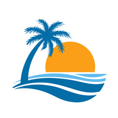 Obraz premium Tropical beach sunset illustration with palm tree, sun, and ocean waves, ideal for vacation, travel, and summer themes.