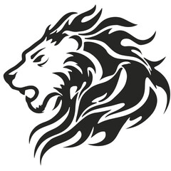 Naklejka premium Powerful stylized lion head profile vector graphic with tribal flame mane. Roaring king of the jungle, a symbol of strength and courage.