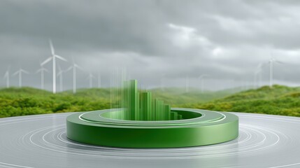 ESG Investing Trends. Green data visualization amidst wind turbines and a lush landscape under a cloudy sky.
